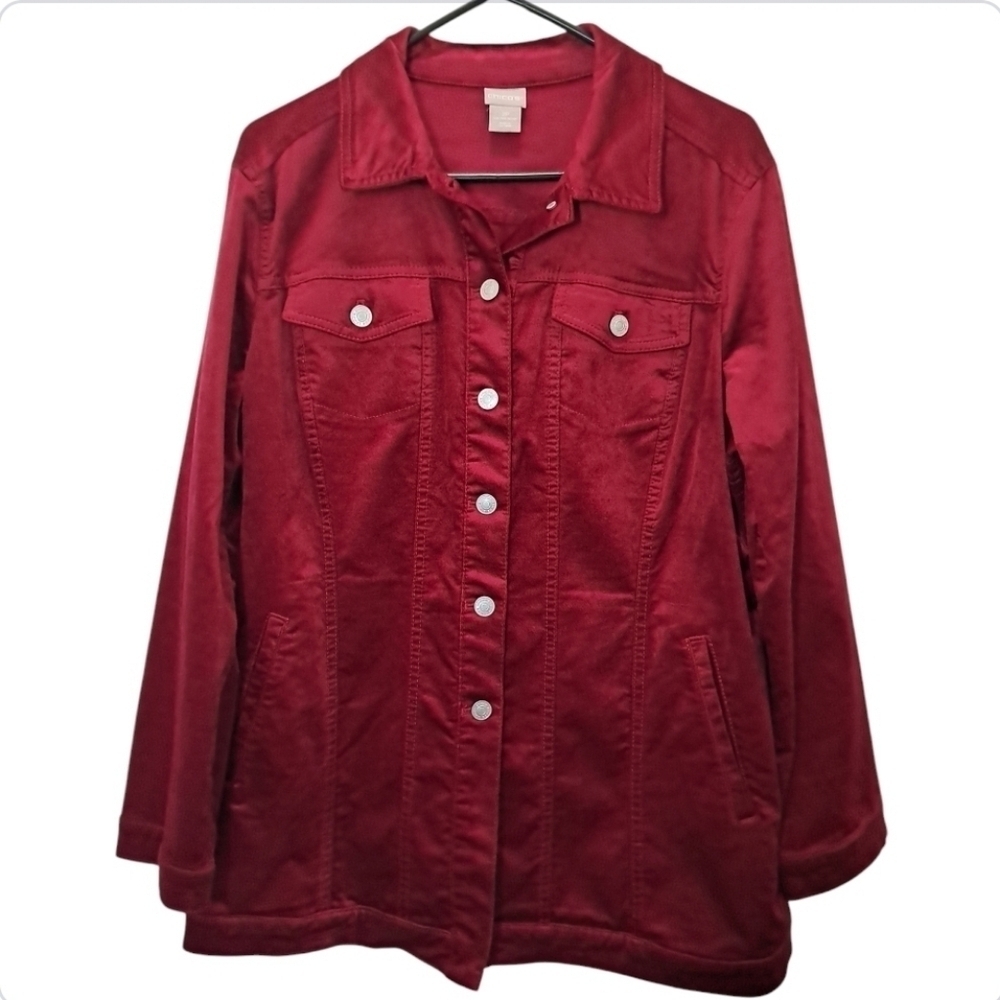 Chico's Elongated Velveteen Jacket Red Velvet Long Trucker Shacket Coat Size 2P - Picture 4 of 16